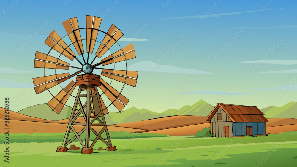 Poster the old rusted windmill stood in stark contrast to the tranquil countryside around it its crooked bl