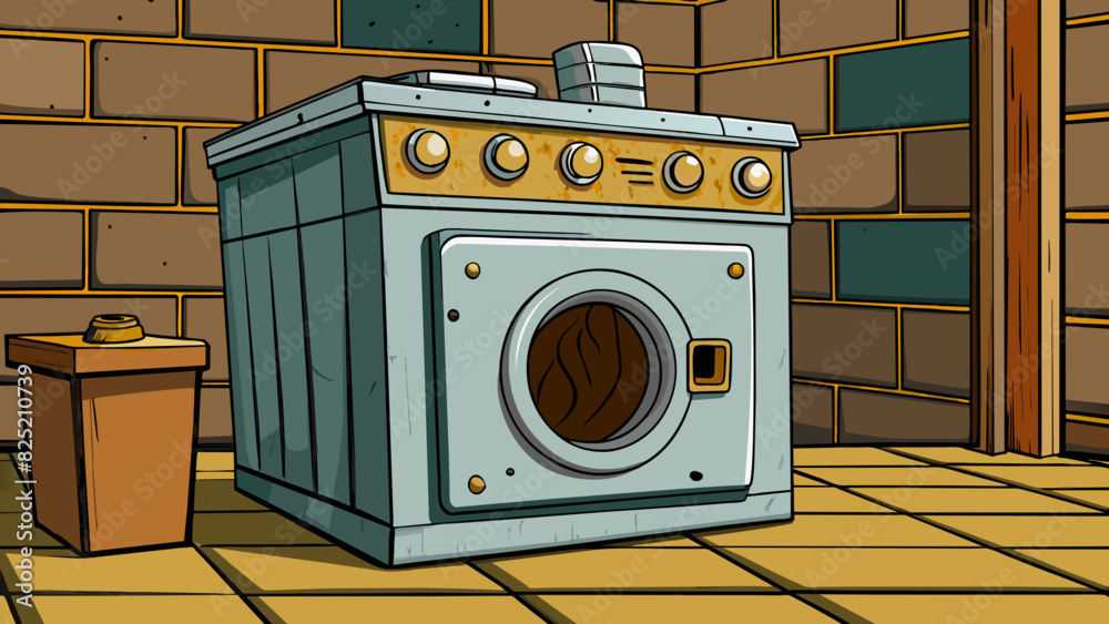 Poster The old washing machine in the bat would often groan and creak its rusted buttons and dials showing signs of age.. Cartoon Vector.