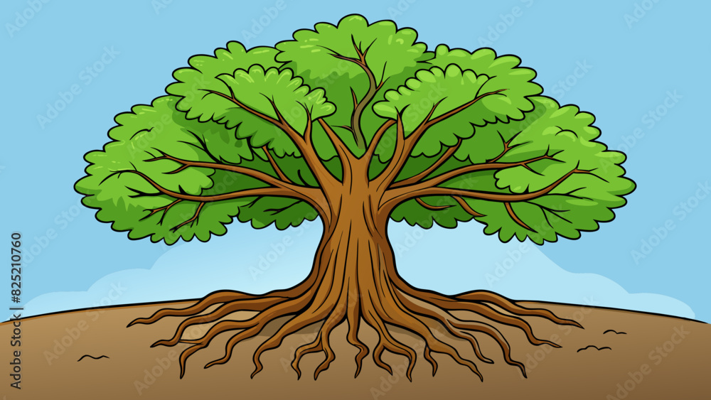 Poster The old oak tree with its deep roots and towering branches stands firmly in the ground certain in its strength and endurance.. Cartoon Vector.