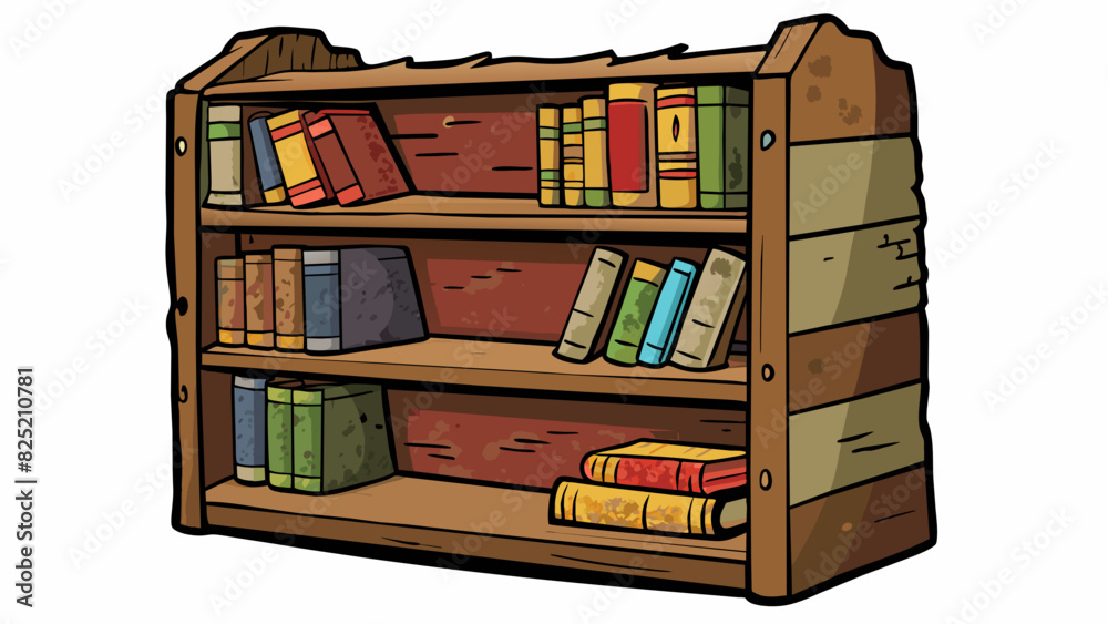 Poster The old wooden bookshelf was worn and weathered with scratches and scuffs on its surface but still sy and able to hold many books.. Cartoon Vector.