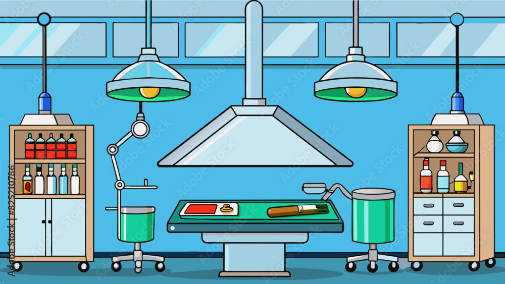 Poster the operating room is a sterile brightly lit room with multiple trays of medical instruments neatly 