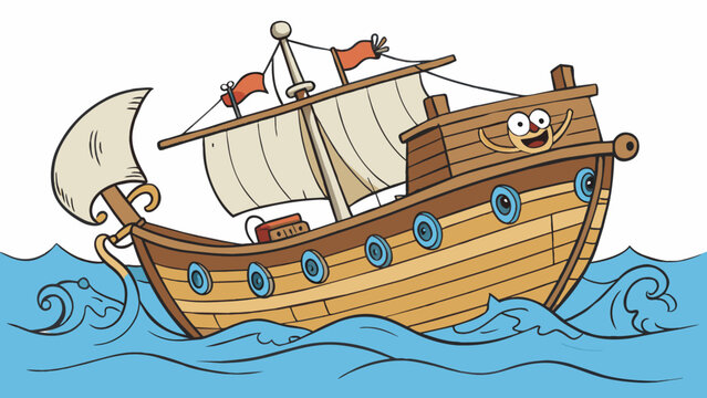 The old weathered sailboat named Jack creaked and swayed on the waves. His tattered sails and rusty anchor showed signs of many voyages on the open. Cartoon Vector.