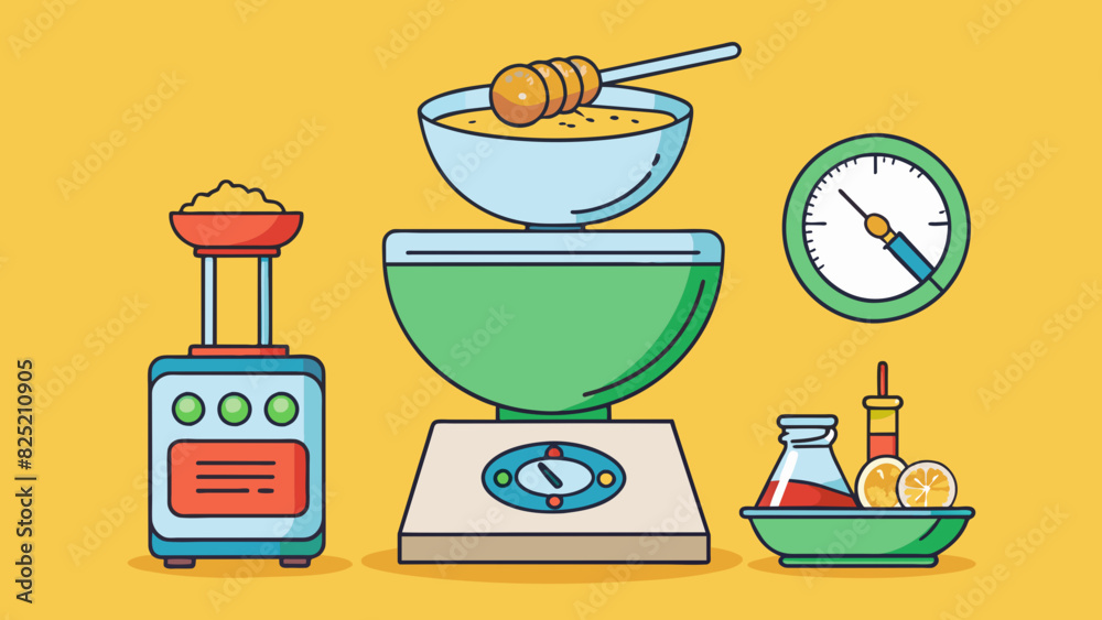 Poster The recipe called for ingredients to be added to the bowl according to weight not volume. The measuring scale displayed precise numbers and the mixing. Cartoon Vector.