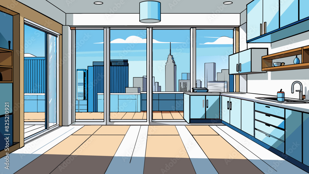 Poster The property was a modern apartment with sleek floortoceiling windows and a balcony overlooking the city. Inside the space was openconcept with glossy. Cartoon Vector.