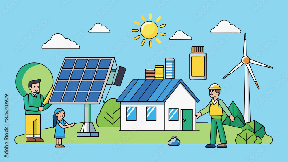 Poster The proposal for a sustainable energy plan features solar panels wind turbines and energyefficient appliances in every building.. Cartoon Vector.