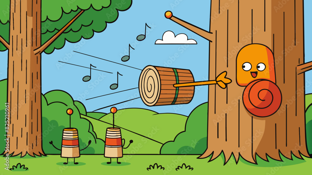 Poster The rhythmic tapping of a wood against a tree trunk a repetitive sound that echoes through the forest and adds a new layer to the symphony of nature.. Cartoon Vector.
