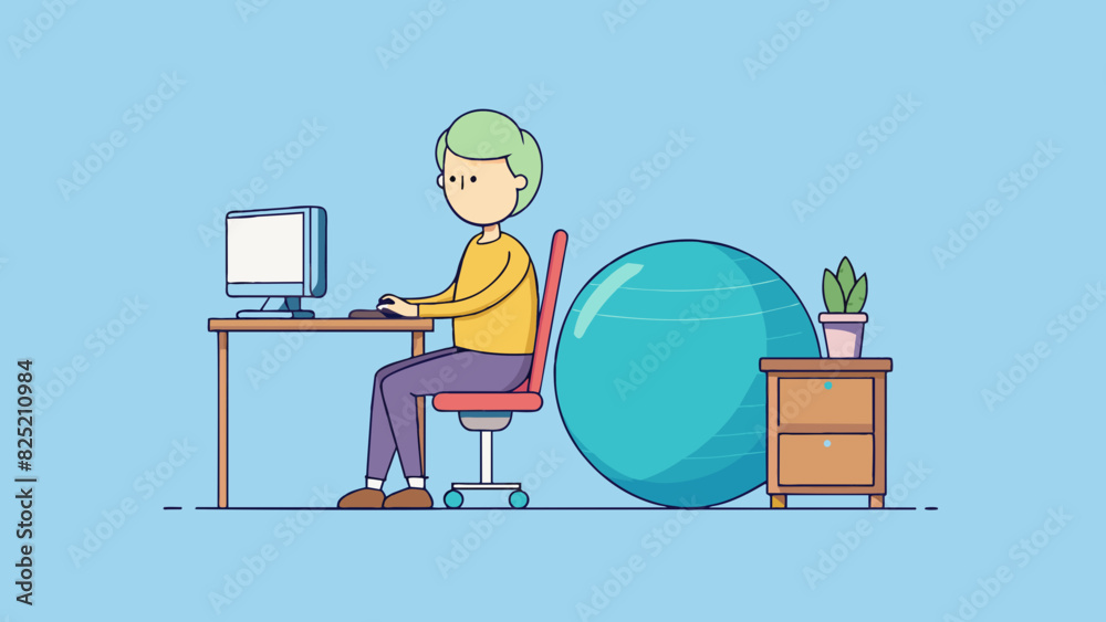 Poster The regular wooden chair was unavailable so instead I sat on a large inflated exercise ball to work at my desk.. Cartoon Vector.
