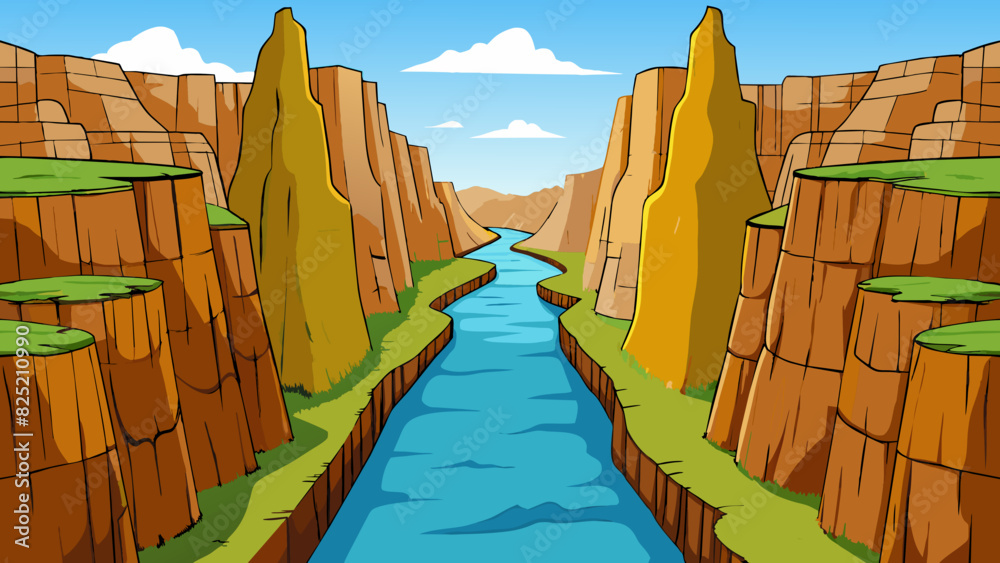 Poster The river flowed directly through the rocky canyon carving a narrow path between the towering cliffs.. Cartoon Vector.