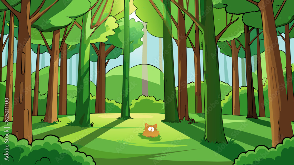 Poster the scene in the image is set in a lush green forest. the trees are tall and skinny with large vibra