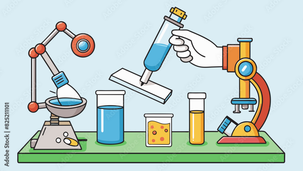 Aufkleber  The science kit is a handson learning tool for conducting experiments. It includes a functional microscope for examining specimens a stand to hold. Cartoon Vector.