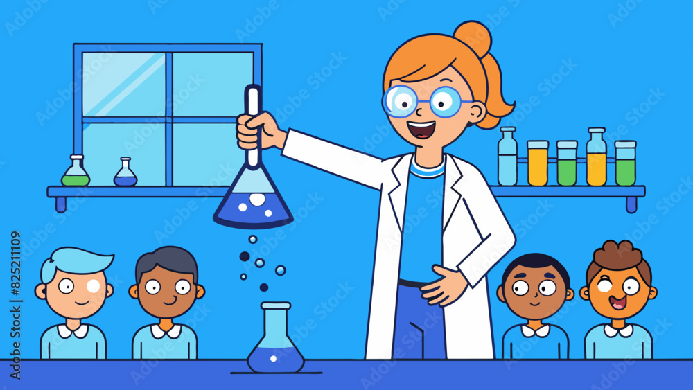 Poster the scientist stood in front of a room filled with curious students holding a small beaker of bubbli