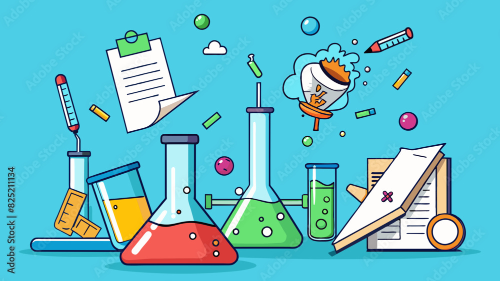 Poster The scientists lab turned into a chaotic mess with papers and test tubes tered everywhere but anyhow the results of the experiment were. Cartoon Vector.