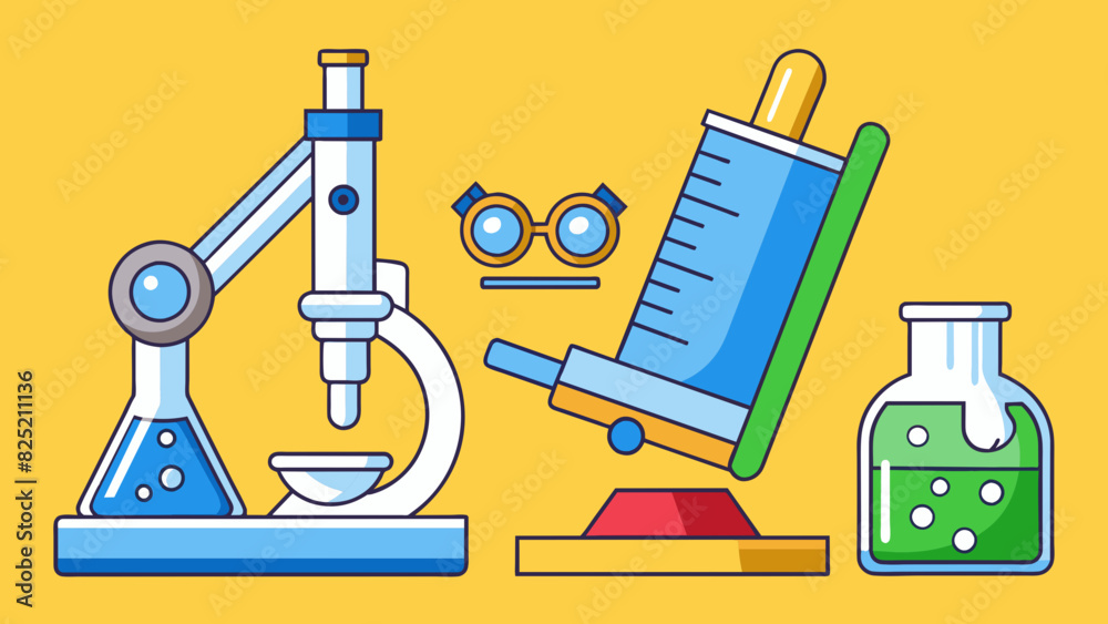 Poster The science kit should include a microscope test tubes with a stand and a manual with experimental activities.. Cartoon Vector.