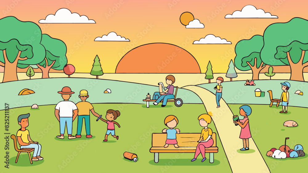 Poster The setting sun casts long shadows across the park on Friday afternoon. People of all ages are out enjoying the warm weather some reading on benches. Cartoon Vector.