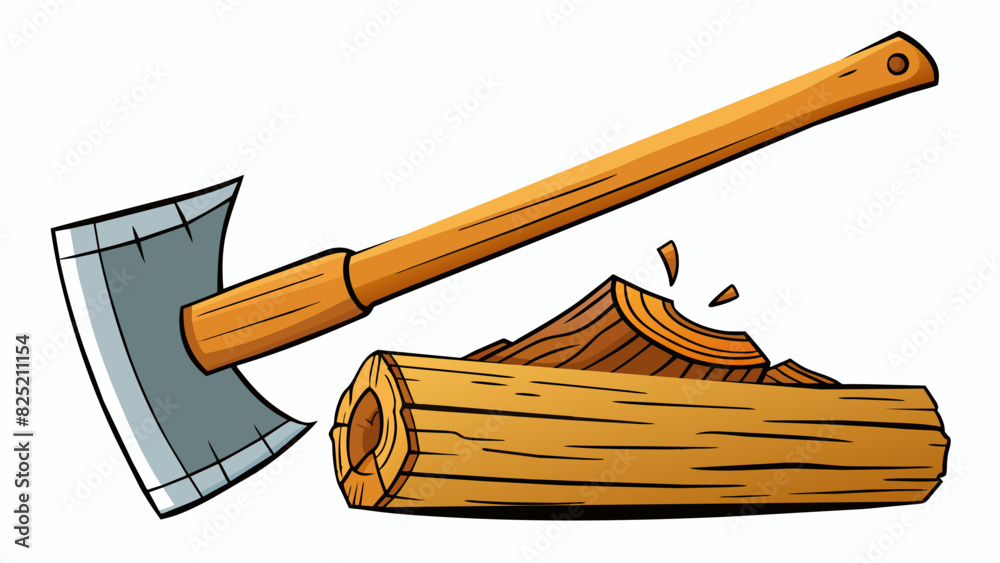 Poster The sharp blade of the axe effortlessly split the thick log in half revealing the rough grainy texture of the wood.. Cartoon Vector.