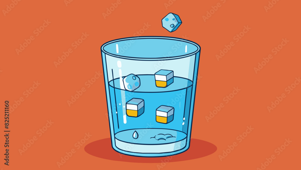 Poster the second illustration depicts a glass filled halfway with water with a few ice cubes floating on t