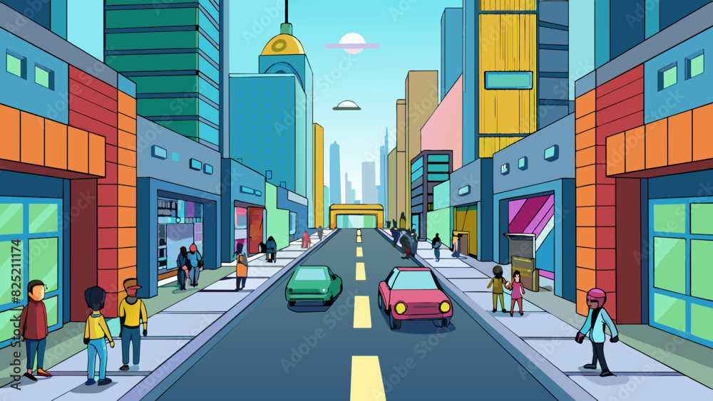 Poster the second level takes place in a busy city street with tall skyscrs lining both sides. the pavement