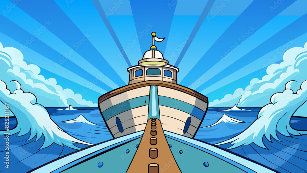 Poster the ships bow pointed straight ahead plowing through the deep blue ocean. the rhythmic sound of the 