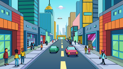 The second level takes place in a busy city street with tall skyscrs lining both sides. The pavement is clean and there are people rushing by some on. Cartoon Vector.