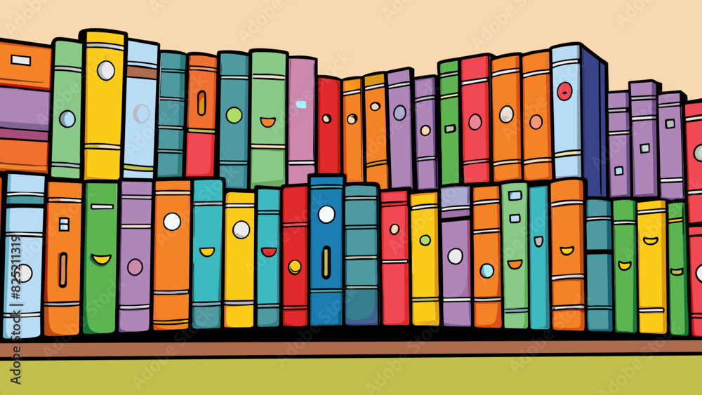 Poster  The spines of the books are almost touching creating a wall of colors and titles.. Cartoon Vector.