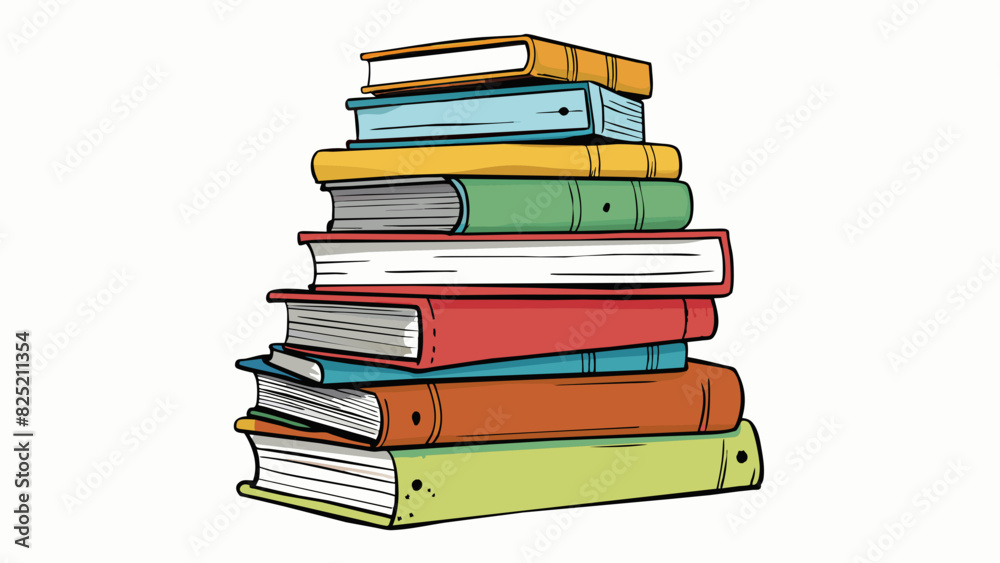 Fototapete The stack of books on the shelf stood extra tall their spines worn from years of use and filled with handwritten notes.. Cartoon Vector.