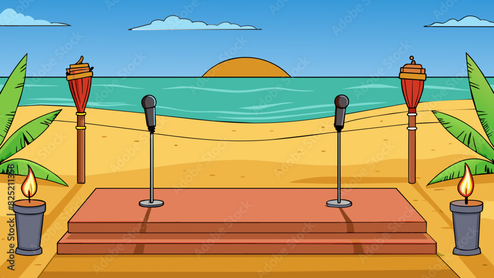 Poster the stage was set up on a sandy beach facing the wide ocean. small tiki torches lined the edges prov
