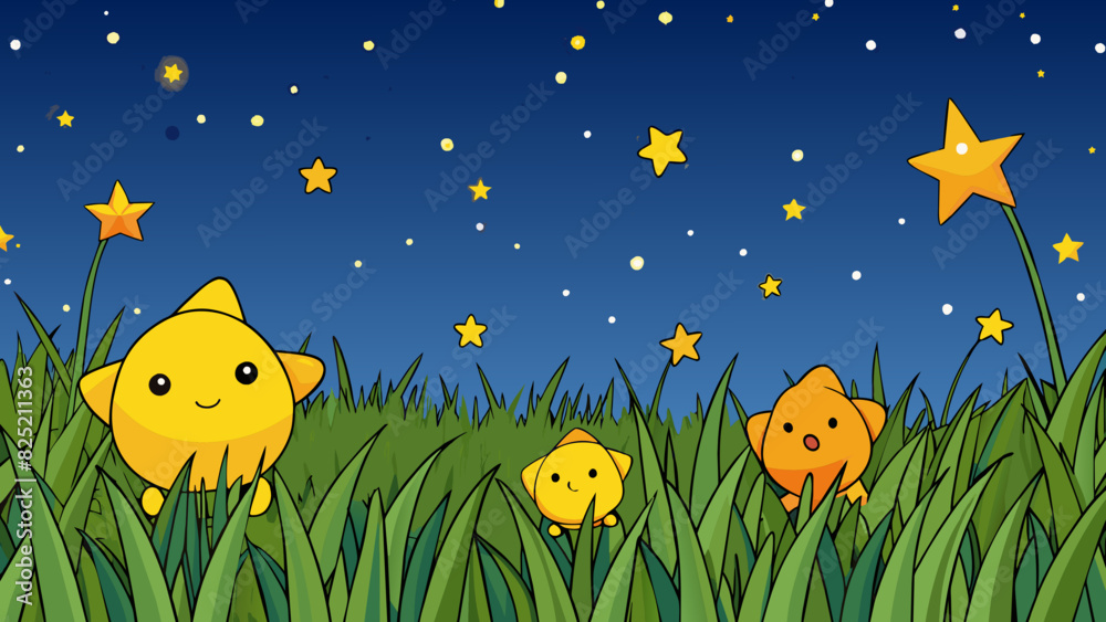 Poster The stars began to le in the darkening sky like little diamonds tered across a velvet canvas. A lone firefly danced a the tall grass its soft glow. Cartoon Vector.