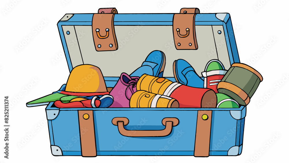 Poster The suitcase was heavy with all the clothes and shoes packed inside making it difficult for the traveler to lift and place into the overhead. Cartoon Vector.