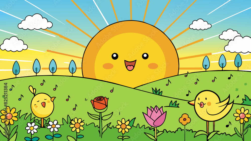 Poster the sun slowly rises over the horizon casting a warm glow on the dewcovered grass. birds chirp and f