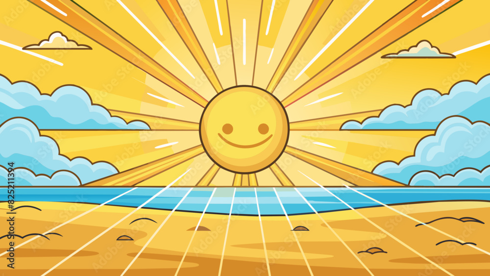 Poster the sun beaming down the beach in warm golden light. its bright rays are as bright as a spotlight il