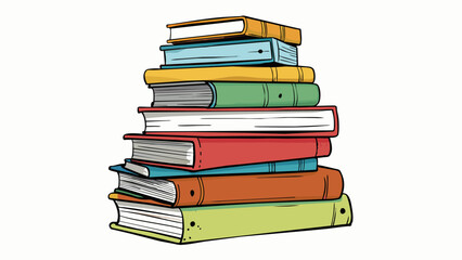 The stack of books on the shelf stood extra tall their spines worn from years of use and filled with handwritten notes.. Cartoon Vector.