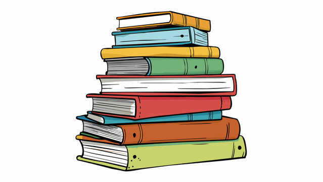 The stack of books on the shelf stood extra tall their spines worn from years of use and filled with handwritten notes.. Cartoon Vector.