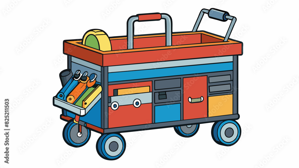 Poster The toolbox was fully organized with different compartments for tools of various sizes. It also had a fully extendable handle and wheels for easy. Cartoon Vector.