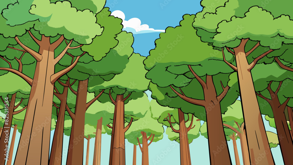 Poster The towering trees reached up towards the sky their thick trunks and leafy branches creating a dense canopy overhead.. Cartoon Vector.
