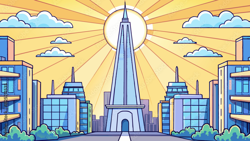 Poster The towering structure stood proudly in the center of the bustling city its sharp edges and smooth walls reflecting the bright sunlight. It served as. Cartoon Vector.