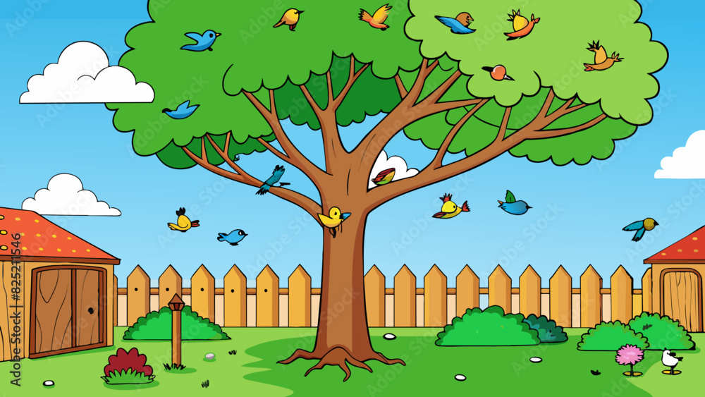 Poster the tree in the backyard was often filled with chirping birds its branches reaching towards the brig