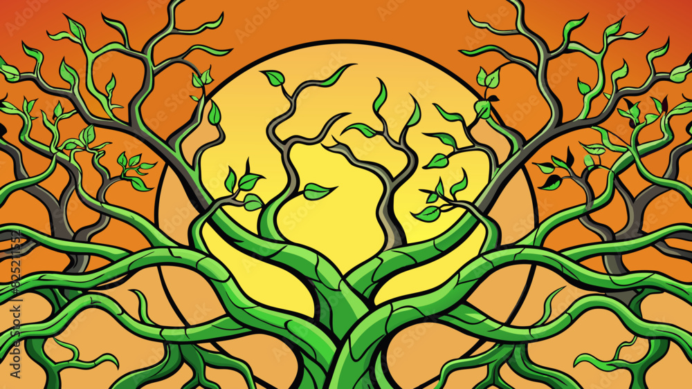 Poster The trees gnarled branches reached out in all directions their twisted forms creating a unique silhouette against the setting sun. Despite its rough. Cartoon Vector.