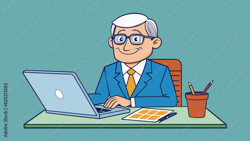 Poster The user is a middleaged man sitting at a desk with a laptop open in front of him. He is wearing glasses and a suit and tapping his pen on the desk as. Cartoon Vector.