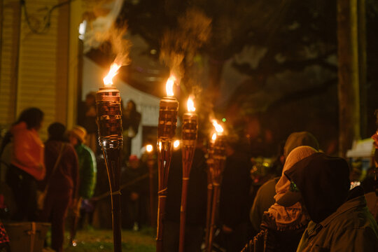 New Orleans Mardi Gras Celebration with Torches at Night