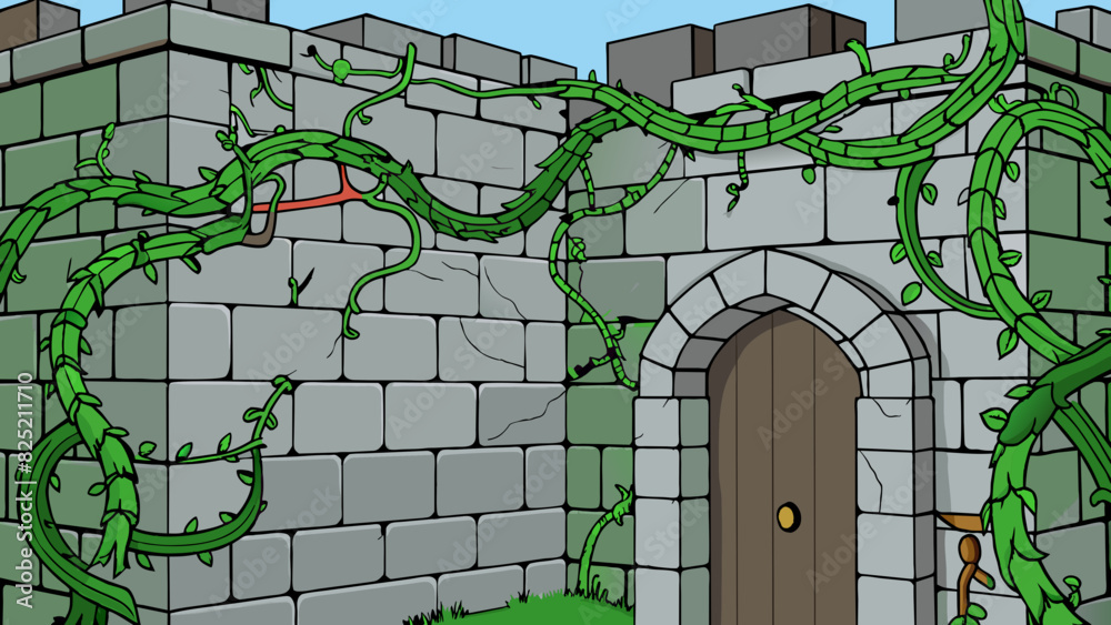 Poster thick vines weave throughout the stone walls of the ancient castle their green leaves adding color t