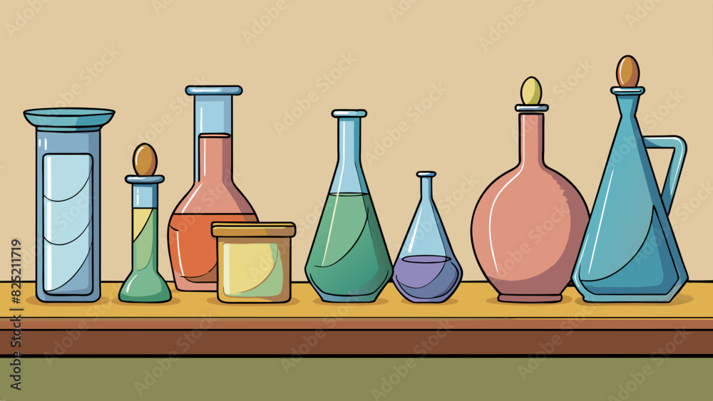 Poster Thick and Colored The glass vessels on the shelf varied in shape and size each one tinted with a different hue and appearing almost solid in their. Cartoon Vector.