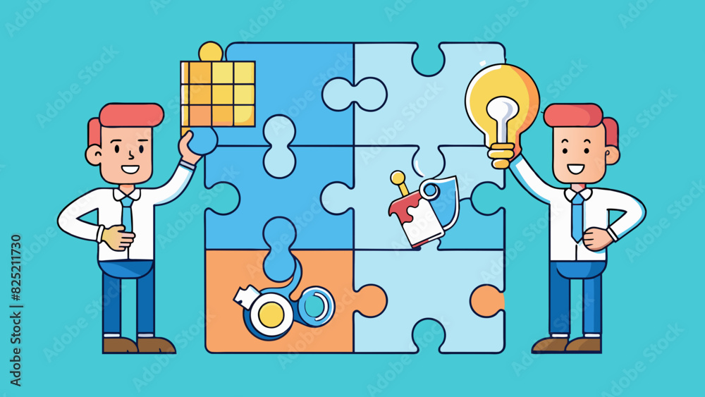 Poster Think of a jigsaw puzzle each tiny piece representing a task or process within a project. PM is the process of connecting and fitting these pieces. Cartoon Vector.