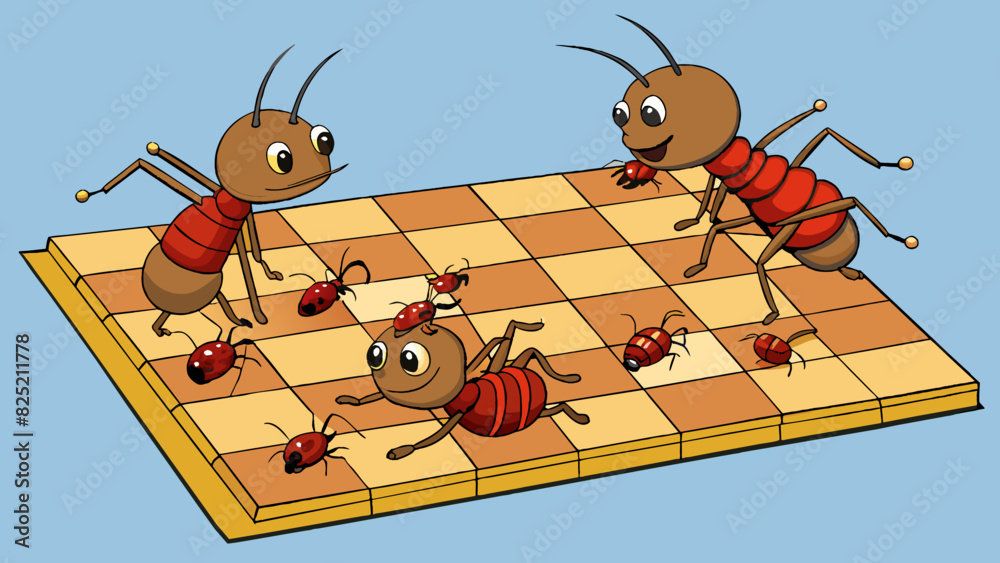 Poster Tiny ants tirelessly scurry throughout the picnic blanket searching for crumbs and bits of food left behind by the humans. Their diligent movements. Cartoon Vector.