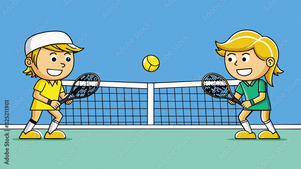 Poster Two players stand on opposite sides of a net using their rackets to hit a small yellow ball back and forth. The court is made of a hard surface with. Cartoon Vector.