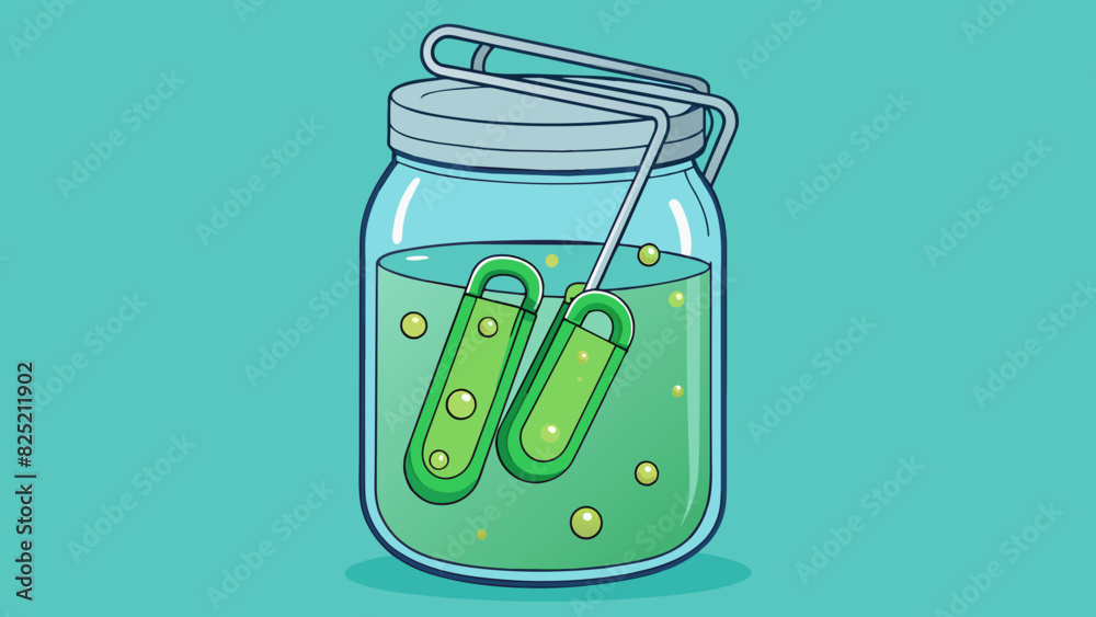 Poster two metal paper clips submerged in a jar of vinegar resulting in bubbles forming on the surface of t