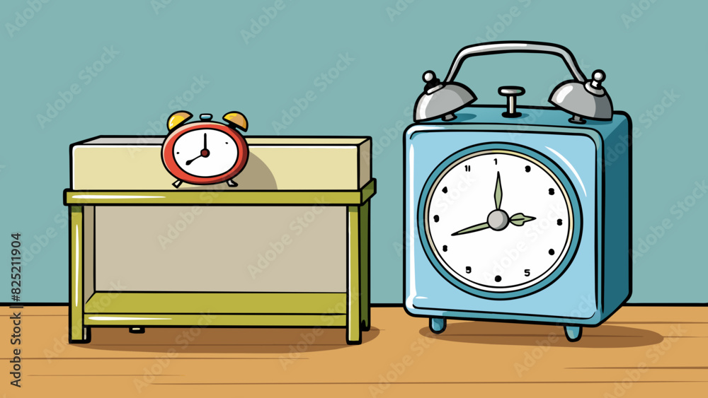 Aufkleber Typically a metallic rectangular box sits on a bedside table. It has a small round dial on one side and a handle on the other allowing the user to set. Cartoon Vector.