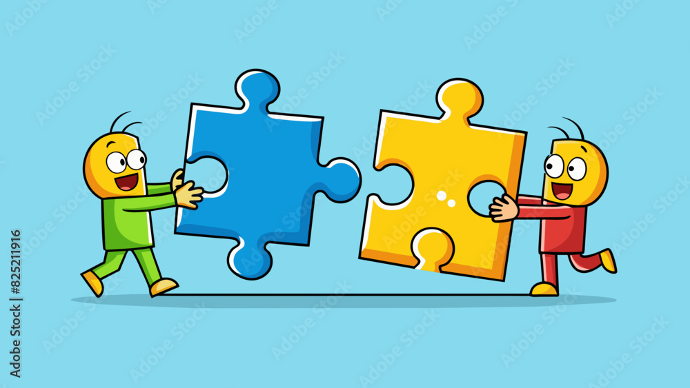 Poster Two puzzle pieces that do not fit together with one trying to force the other into place.. Cartoon Vector.