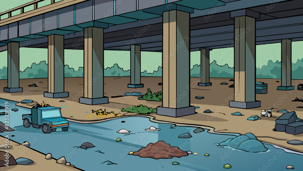 Poster Under the bridge A dark and damp area with concrete pillars supporting a large bridge overhead. The ground is littered with discarded trash and the. Cartoon Vector.