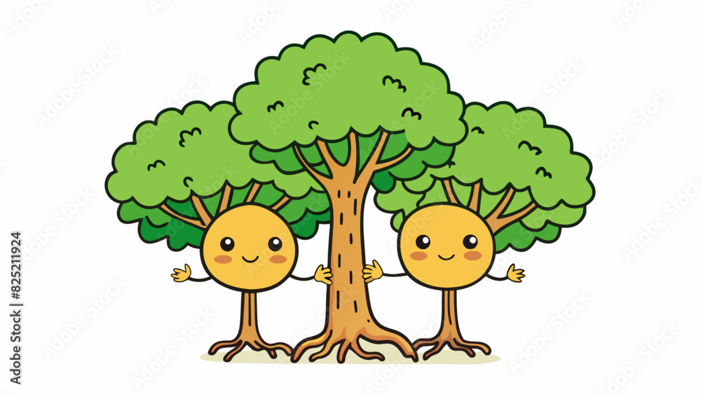 Poster Two trees growing side by side Despite being planted separately their branches have intertwined and they lean on each other for support. They have. Cartoon Vector.