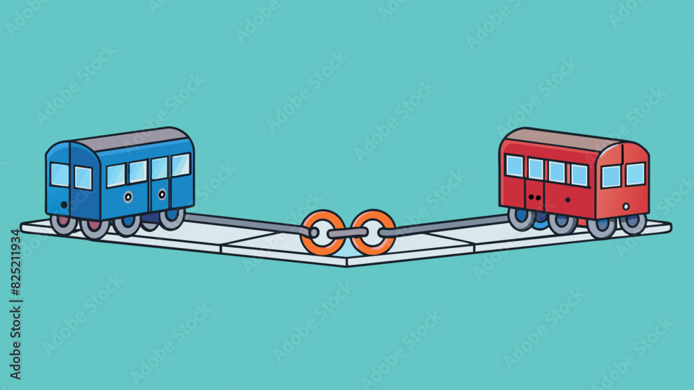 Poster two train cars are linked together by a heavy metal coupling allowing them to travel as one unit on 
